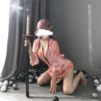 Japán Kimonó Kardigán Női Pizsama Szexi Fehérnemű Macska Nyomtatás Obi Chiffon Kényelmes Yukata Cosplay szerepjáték Éjszaka Jelmez