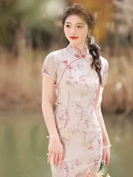 A Kínai Nemzeti Cheongsam Vintage Hosszú, Magas, Osztott Ruha Divat Női Elegáns, Virágmintás Qipao
