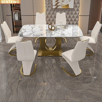Tervező Luxus ebédlő Márvány Kő Födém étkező asztal szett 4 6 szék mesa de jantar tische marbre Rozsdamentes acél arany bázis