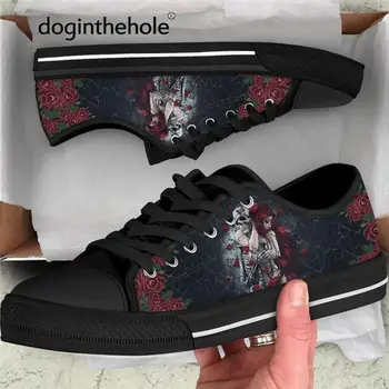 Doginthehole Gótikus Koponya Szerelem Design Női Cipők Vörös Rózsa Alkalmi Csipke Lakások Fekete, Kényelmes, Alacsony Felső Vászon Cipő Női