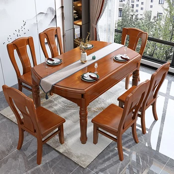 Teljes tömörfa étkező asztal szék Kínai platform táblázat multi-funkcionális behúzható téglalap alakú haza étkezési