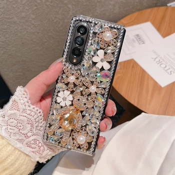 Divat Medve Strasszos Telefon tok Samsung Galaxy Z Fold 4 3 2 Gyémánt Virág Borító