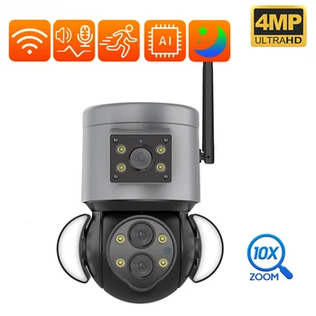 4MP Kültéri Kamera, Wifi Árvíz Fény Kettős Objektív 10x Zoom Biztonsági Ip Cctv 360 Kupola Videó Megfigyelő éjjellátó