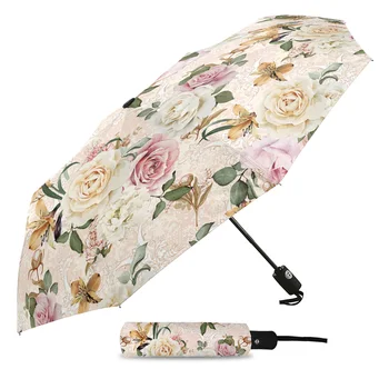 Virág Levelek Vintage Automata Esernyő Utazási Összecsukható Esernyő Hordozható Szélálló Napernyő Esernyő