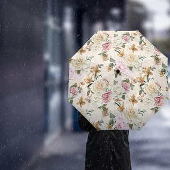 Virág Levelek Vintage Automata Esernyő Utazási Összecsukható Esernyő Hordozható Szélálló Napernyő Esernyő