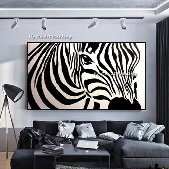Festék, Kézzel készített olajfestmény Aranyos fekete-fehér zebra-Állat-Kézzel készített Nappali Fali Dekor Olaj Festmény