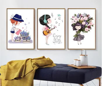 Északi egyszerű friss rajzfilm lányok hármas keret nélküli festmény spray festményről keretben nappali