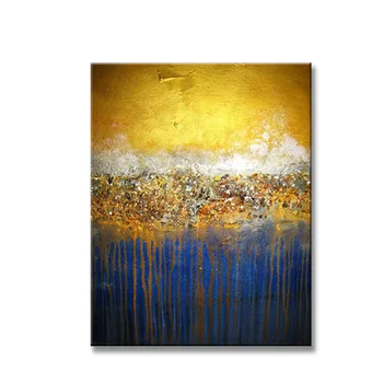 Művész Eredeti, modern Kézzel készített absztrakt olajfestmény, vászon kék-sárga táj, fali kép, nappali keretben