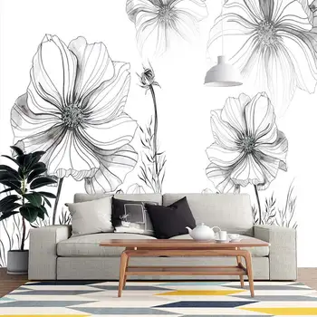 Vázlat virág, fekete-fehér virág, krizantém egyéni nappali, hálószoba 3D öntapadós tapéta freskó