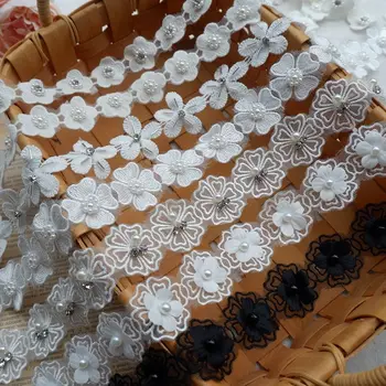 1Yard Új Kézzel készített Gyöngyös Csipke Virág Trim Vízben oldódó Hímzett DIY Ruhák Esküvői Kiegészítők