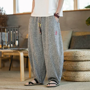 Nagy Méretű, Laza Hímzett Keleti Stílusú Pamut Capri Nadrág Kínai Nadrág A Férfi Japán Streetwear Zen Szerzetes Ruházat