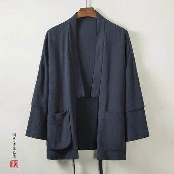 A japán Férfi Laza Pamut, Vászon Kimono Kabát Szamuráj Alkalmi Kimonó Felső Kabát egyszínű Yukata Ing, Kabát, Ruházati