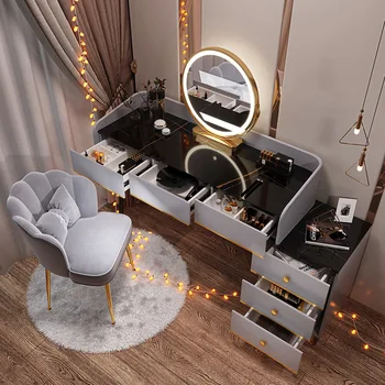 Fésülködő Asztal Hálószoba Hiúság Smink Asztal, Tükör, Minimalista Luxus Fürdőszobai Szék Multi Funkciós Fény Komód Lámpa, Bútorok