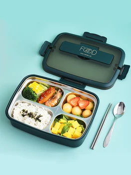 Hordozható Ebéd Bento Box Összecsukható Fogantyú 18/8 Rozsdamentes Acél Béléscső Szivárgásmentes 4 Rekesz Élelmiszer-Tároló Tartályok