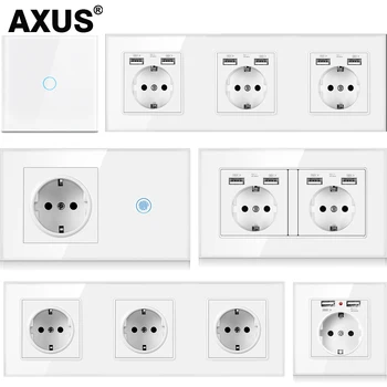 AXUS Touch Kapcsoló EU-USB Fali Aljzat Fehér Üveg Érzékelő Kapcsoló LED Sötét Kék Háttérvilágítás Panel 1/2/3Gang Fali Kapcsoló