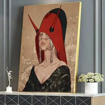 Retro Piros Köpeny, Női Absztrakt Arc, Kéz, Művészeti Vászon Festmény Személyiség Plakát, Murális Festészet, Nappali, lakberendezés